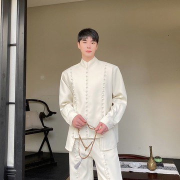 公司貨 免運 春季新中式工藝包扣設計立領襯衣套裝男女國風禪意闊腿長褲兩件套