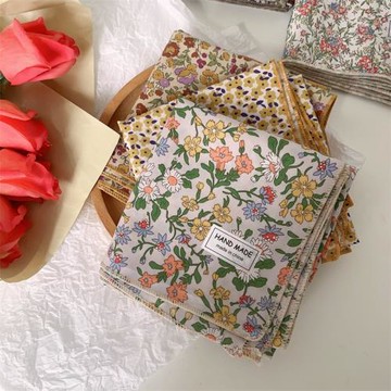 黃色棉麻小清新碎花小方巾圍脖女春秋文藝小領巾春季薄款圍巾頭巾