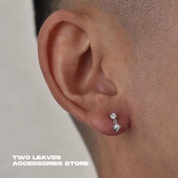 TWO LEAVES S925純銀單鉆珍珠掛墜耳釘潮流百搭男女螺絲鋯石耳飾