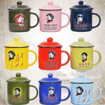 軍綠色陶瓷水杯馬克杯帶蓋 創意辦公室懷舊經典仿搪瓷杯 茶缸logo