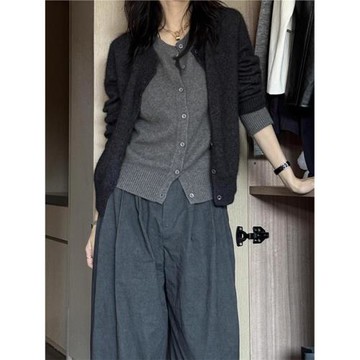 灰色假兩件針織開衫外套女裝2026早春新款高級感短款外搭毛衣上衣