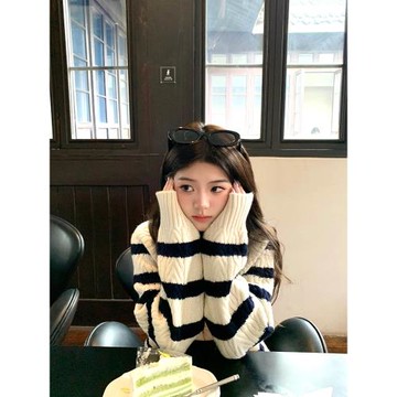 韓系慵懶小個子黑白條紋加厚毛衣女設計感針織開衫短款外套秋冬季