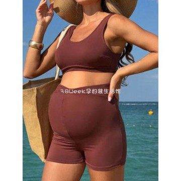 孕婦平角泳衣分體套裝游泳衣背心兩件套高腰托腹保守不勒肚子孕期