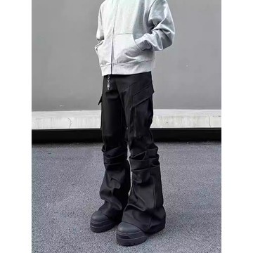 美式高街cleanfit大口袋褶皺黑色工裝褲男顯瘦修身直筒微喇休閑褲