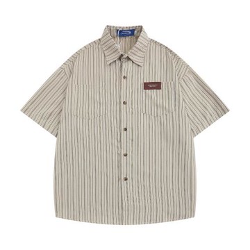 日系文藝條紋短袖襯衫男女復古設計感小眾夏季情侶寬松半袖襯衫