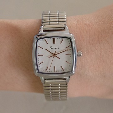 KIMIO初光微暖簡約摩登方形金屬鍊帶手錶【WKI6526】-白面銀帶