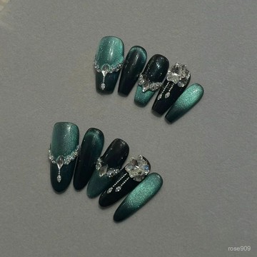 💅限時下殺穿戴甲💅【3865人收藏】純手工穿戴甲紅綠貓眼法式鋯石穿戴美甲假指甲手工穿戴甲 4EB5