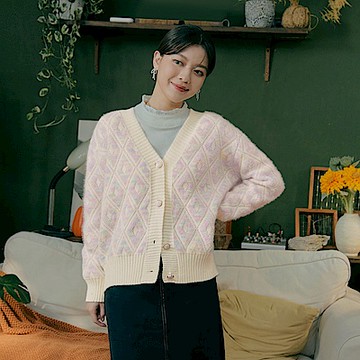 菱格織紋排釦針織毛衣外套-OB大尺碼