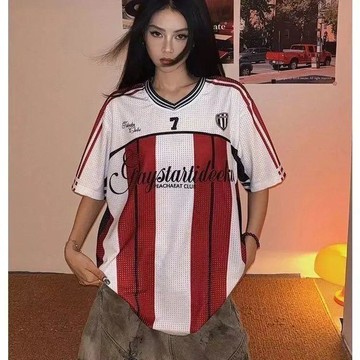 本土出貨 大碼球衣 美式數字球衣 冰球服 夏季爆款美式短袖復古運動休閒印花洞洞T恤T R