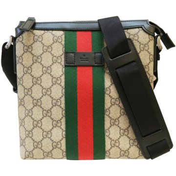 GUCCI 經典綠紅綠織帶GG防水帆布方形斜背包(棕色)