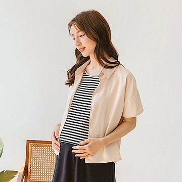 假兩件翻領條紋拼接哺乳襯衫上衣-OB嚴選