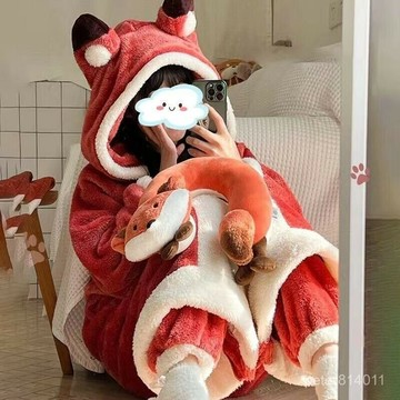 小狐狸睡衣女冬季珊瑚絨加絨加厚連帽連體可愛長款睡袍可外穿冬天