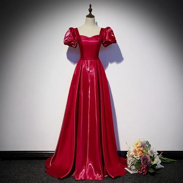 新娘敬酒服紅色2025新款泡泡袖氣質緞面高級感晚禮服宴會主持長款