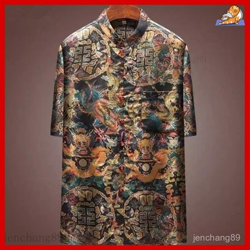 🔥男唐裝上衣五分袖 茶服寬松襯衫 夏季民族風衣服領型 薄款棉半袖襯衫 中國風半袖上衣男香云纱衬衫唐装男装夏季桑蚕丝短袖