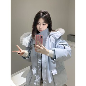 KSKKM淺藍色羽絨派克服女2024冬季新美式復古加厚中長款工裝棉服
