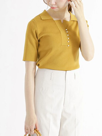 珍珠釦設計短袖針織上衣(FC36L2C0880) - Te chichi