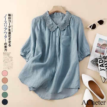 【ACheter】短袖蘆麻襯衫花邊領娃娃領短袖文藝復古日系棉麻短版上衣 # 116563(現貨+預購)