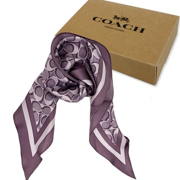 【COACH】經典LOGO 100%蠶絲三角絲巾領巾禮盒(紫)