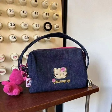 Kitty牛仔手提包🎀 大臉貓推薦原創Kitty刺綉美式藍色牛仔手提斜挎包 Kitty斜挎包 可愛包包 Kitty肩背包