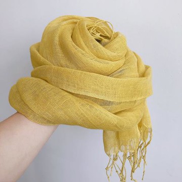 日系純亞麻姜黃色圍巾百搭文藝流蘇薄款防曬披肩春夏透氣絲巾女新
