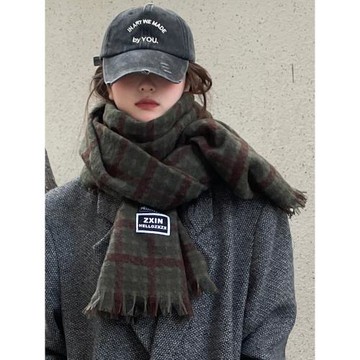 格子圍巾女生冬季2025新款高級感百搭圍脖保暖加厚披肩兩用綠色男