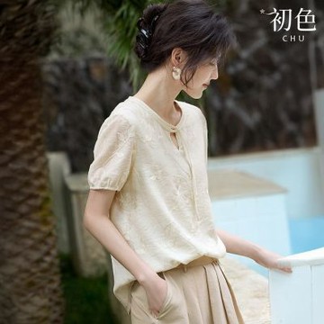 初色 優雅質感風純色刺繡花紋圓領短袖綁繩襯衫上衣女上衣-米色-13196(M-2XL可選)