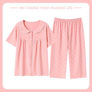 北極絨睡衣女夏季純棉短袖七分褲全棉薄款中年媽媽夏天家居服套裝