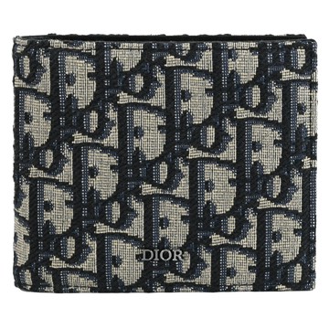 Christian Dior Oblique 經典緹花帆布對開8卡短夾.深藍