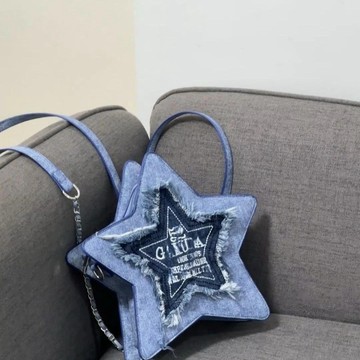 斜挎包🎀 小眾原創藍牛仔五角星刺繡字母流蘇Y2K雙肩包斜挎女包