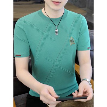 冰絲短袖t恤男潮牌夏季薄款繡花針織衫半袖上衣男士冰感體恤