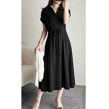 日本 Classical Elf - 接觸冷感 優美V領腰綁帶短袖洋裝-短版-黑