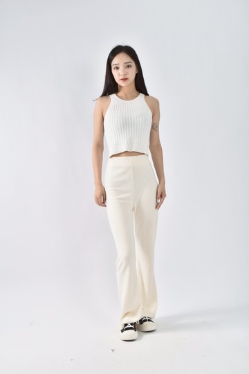 (S) amoeba高腰質感鬆緊寬白色長褲