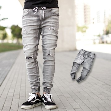 【NB1342J】韓國製水泥灰刷色無破補丁彈性縮口褲牛仔褲(LE-HB171)