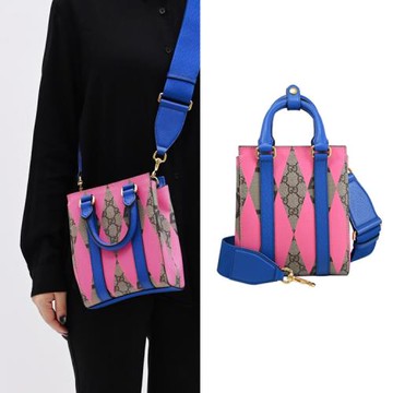 GUCCI 696010 GG Supreme 限定花紋兩用迷你托特包.粉/藍