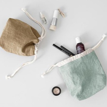 亞麻拼色雙層收納袋手提網紅袋小復古麻布袋子文玩抽繩束口首飾袋