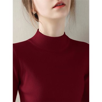 法式安哥拉紅針織衫女裝新款秋冬半高領毛衣修身長袖內搭打底上衣