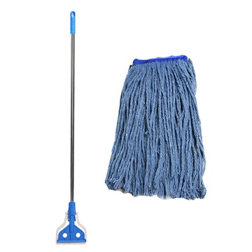 CLEANMATE 不鏽鋼拖把桿 + 棉紗拖把頭 350g 套組  1套  藍色