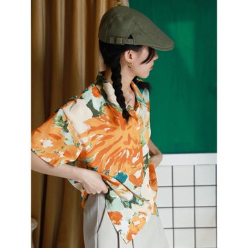 寬松橘色短袖花襯衫女日系復古港味風設計感小眾夏威夷夏季襯衣
