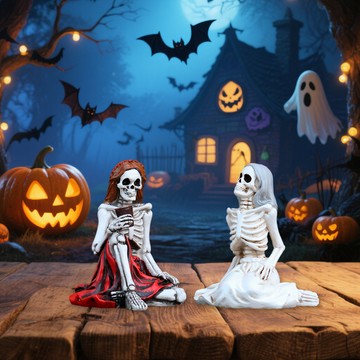 [Green party] 骷髏姐妹雕像擺件家居桌面樹脂骨架女孩萬聖節裝飾工藝品