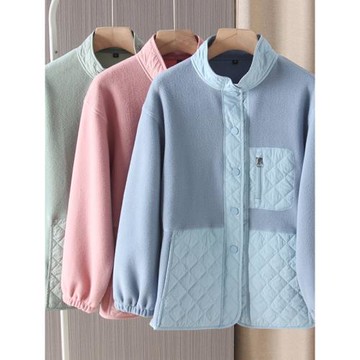 韓國單~可情侶寬松立領薄夾棉拼接搖粒絨夾克外套上衣女秋冬新款