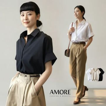 【Amore】經典雪紡蝙蝠袖V領短袖襯衫 通勤上班百搭