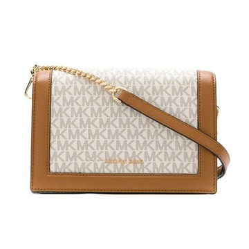 MICHAEL KORS - 滿版LOGO翻蓋皮革斜背包 (香草白駝)