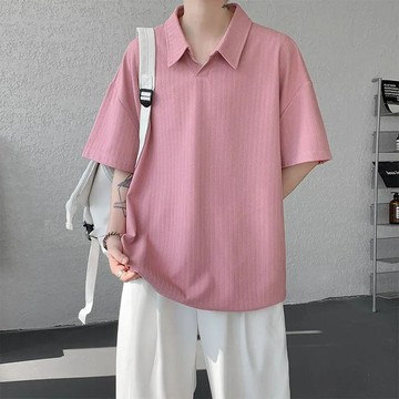 臺灣出貨 POLO領上衣男夏季薄款冰絲螺紋短袖寬鬆休閒翻領大碼男裝美式T恤短袖上衣休閒短袖夏季T恤