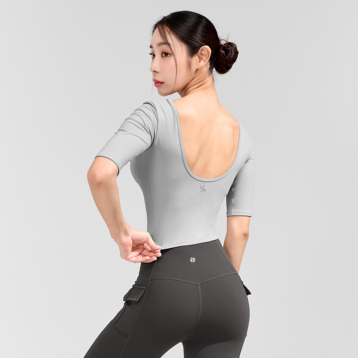 寬領U型美背5分袖上衣【附胸墊】｜榮耀灰 Glory Gray｜XWFBR03H2