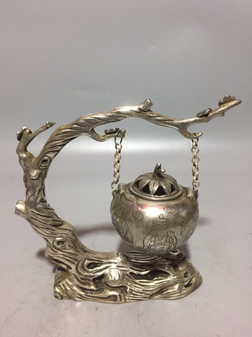 古玩雜項仿古做舊黃銅鍍銀白銅祿壽懸掛吊熏香爐銅盤香熏爐擺件