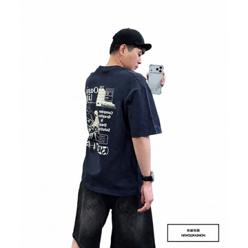 『老爺有喜』重磅復古數位化棉短T(NOF2605623)-深藍