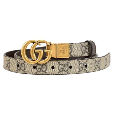 GUCCI 659418 GG Marmont 雙G LOGO素色印花雙面窄版皮帶.駝/咖