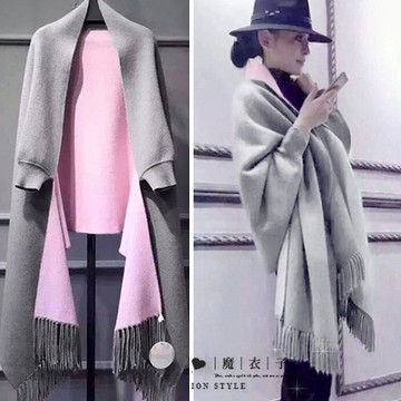 【QV0363】魔衣子-雙色流蘇鬥篷披肩開衫外套