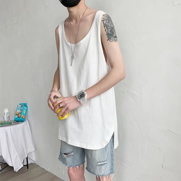 2022夏季歐美高街大寬松打底背心潮牌暗黑系開叉前短后長內搭男士