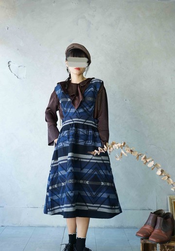 設計手作-深藍南美幾何雙面織紋棉質背心洋裝